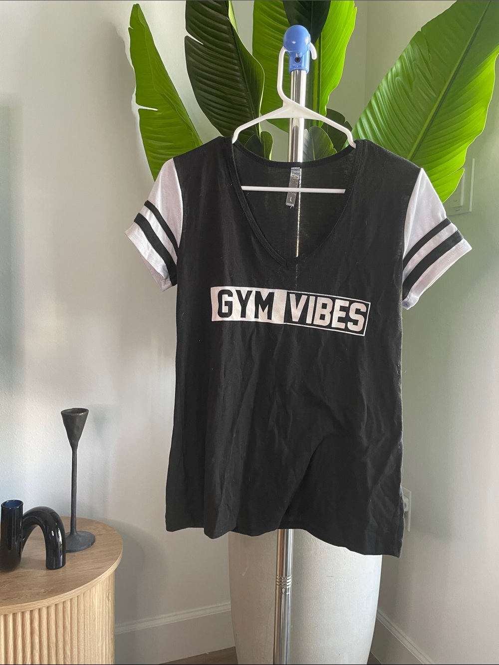 MT Black V-Neck Tee with White Sleeve Stripes